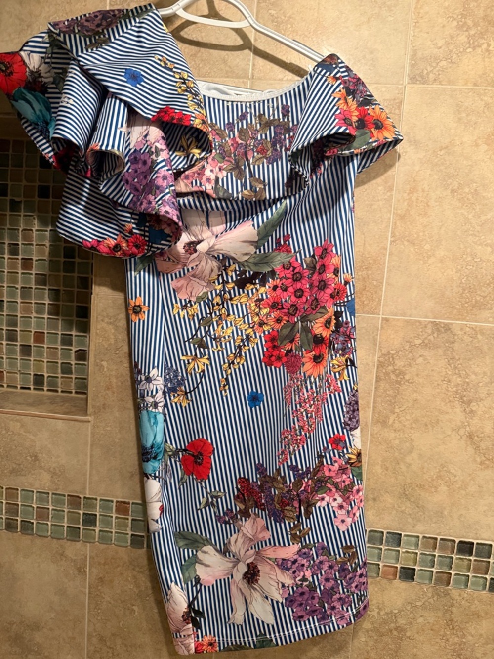 Striped Blue Floral Off-Shoulder Women's Dress